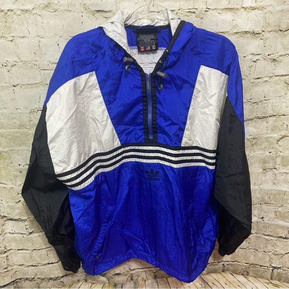 Vtg 90’s Y2K Adidas Blue Black White Hooded Pullover Windbreaker